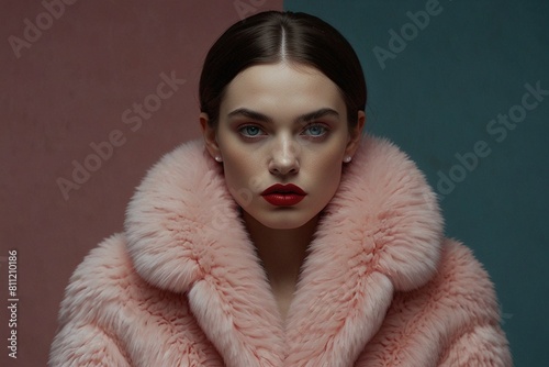 Fashionable Style: Elegant Woman in Pink-Red Winter Fur Jacket with Red Lips