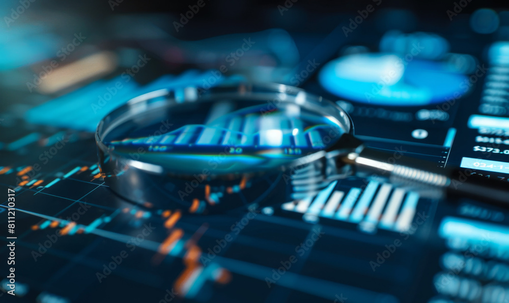 Obraz premium Magnifying over financial charts and graphs on digital background, concept of stock market analysis or data study for business strategy idea. Examining financial information on a digital display