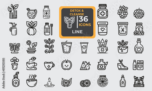 Set of 36 line icons related to Detox & Cleanse. Outline icon collection. Editable stroke. Vector illustration