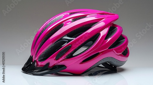 A pink bike helmet, essential safety equipment for cyclists, sits alone on a white background