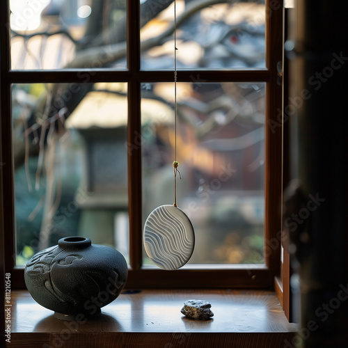 there is a vase and a mirror on a window sill photo