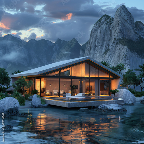 Serene Waterfront Retreat with Mountain Backdrop at Twilight