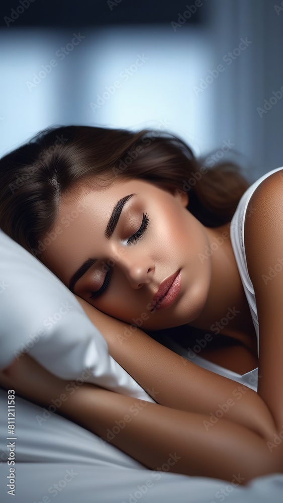 Beautiful young girl sleeping on a white pillow Beautiful young girl sleeping on a white pillow