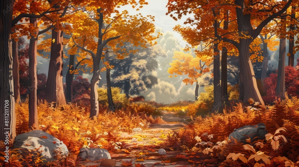 beautiful autumn forest landscape background illustration hyper realistic 