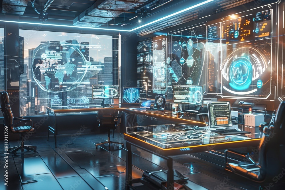 A futuristic office filled with natural light from numerous large windows, A futuristic workspace with holographic computer screens A futuristic office filled with natural light from numerous large windows, A futuristic workspace with holographic computer screens