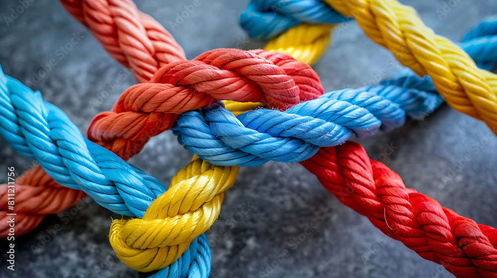 Multicolored ropes tied together diverse multiethnic cultural harmony concept 