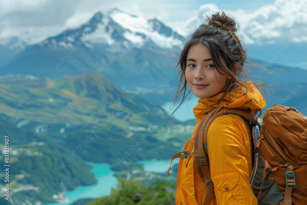 a girl with a mountain background
