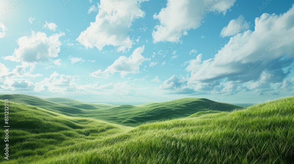 Beautiful summer landscape with green meadow and blue sky with clouds, Hilly green landscape view with green grass and beautiful sky, AI Generated hyper realistic Beautiful summer landscape with green meadow and blue sky with clouds, Hilly green landscape view with green grass and beautiful sky, AI Generated hyper realistic