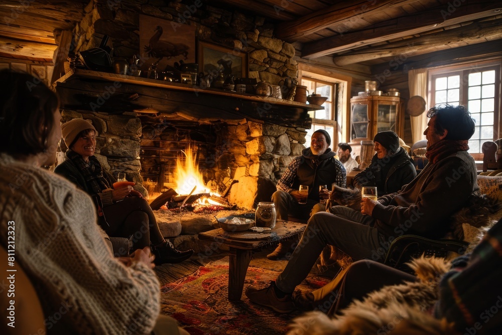 Family and friends gathered, sitting around a crackling fireplace, A gathering of family and friends around a crackling fireplace, sharing stories and laughter Family and friends gathered, sitting around a crackling fireplace, A gathering of family and friends around a crackling fireplace, sharing stories and laughter