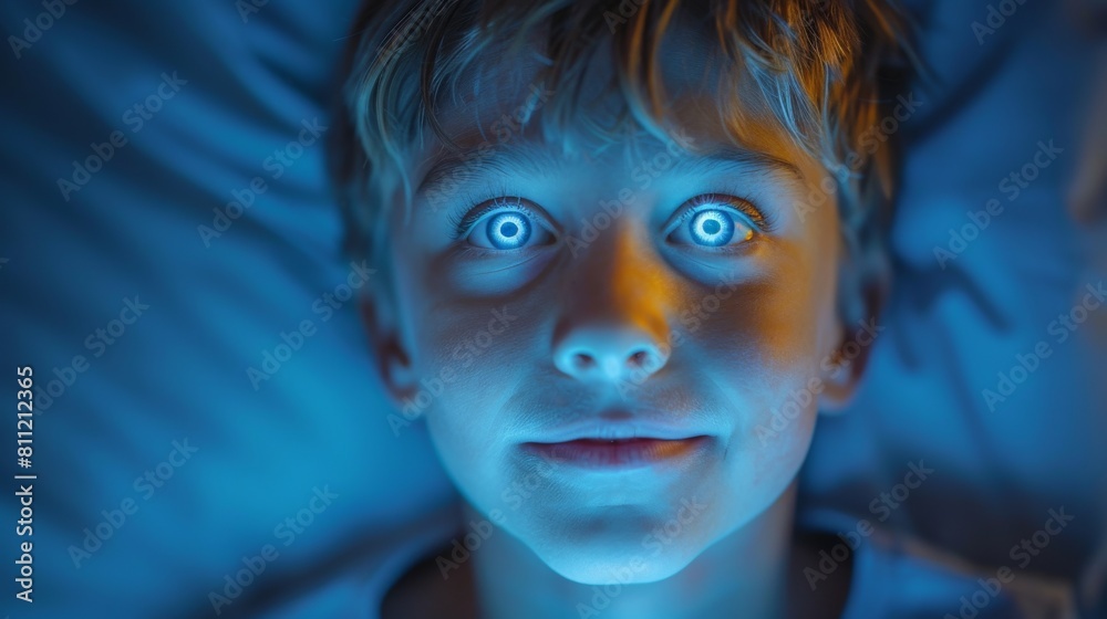 Close-up portrait of a cute boy with glowing eyes. The kid has the supernatural ability of night vision. The child's pupils glow in the dark like neon spotlights. Toned. Close-up portrait of a cute boy with glowing eyes. The kid has the supernatural ability of night vision. The child's pupils glow in the dark like neon spotlights. Toned.