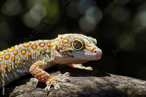 A vibrant gecko with intricate patterns sits on top of a tree branch  A gecko with intricate patterns on its skin  basking in the sun