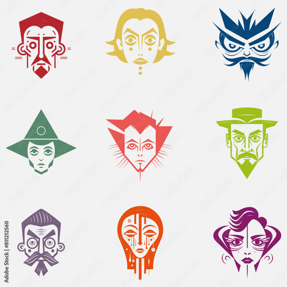 A set of faces, avatars with different colors and styles. The faces are all unique, with some having more detail than others. Game, NFT avatars. A set of faces, avatars with different colors and styles. The faces are all unique, with some having more detail than others. Game, NFT avatars.