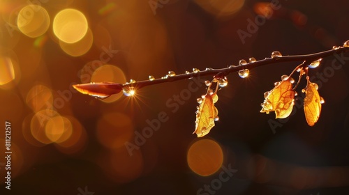 Samara maple seed with raindrops on a dark background and sunlight