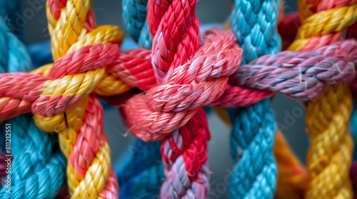 Multicolored ropes tied together diverse multiethnic cultural harmony concept  photo