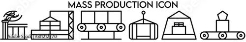 Mass Production icons in line style. Robot, productive, workflow, industrial, automation, collection.