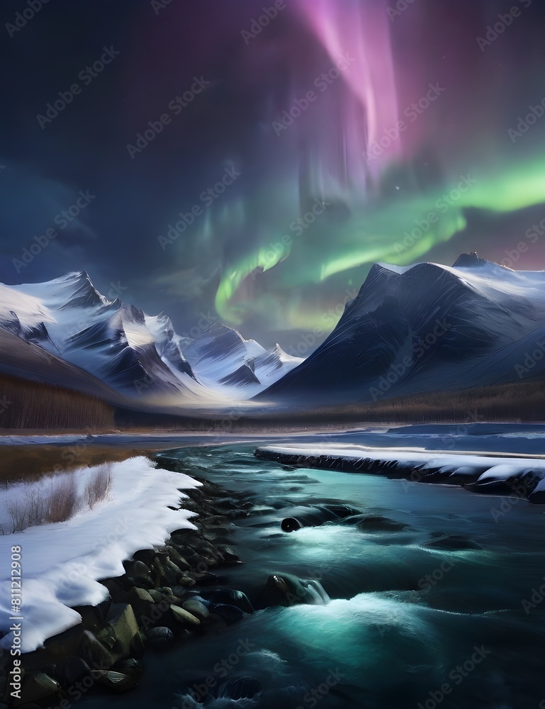 Fototapeta premium Northern Lights shining in the night sky with snowy mountains and a river in the bottom ground