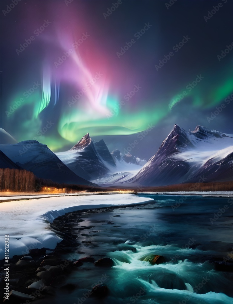 Naklejka premium Northern Lights shining in the night sky with snowy mountains and a river in the bottom ground