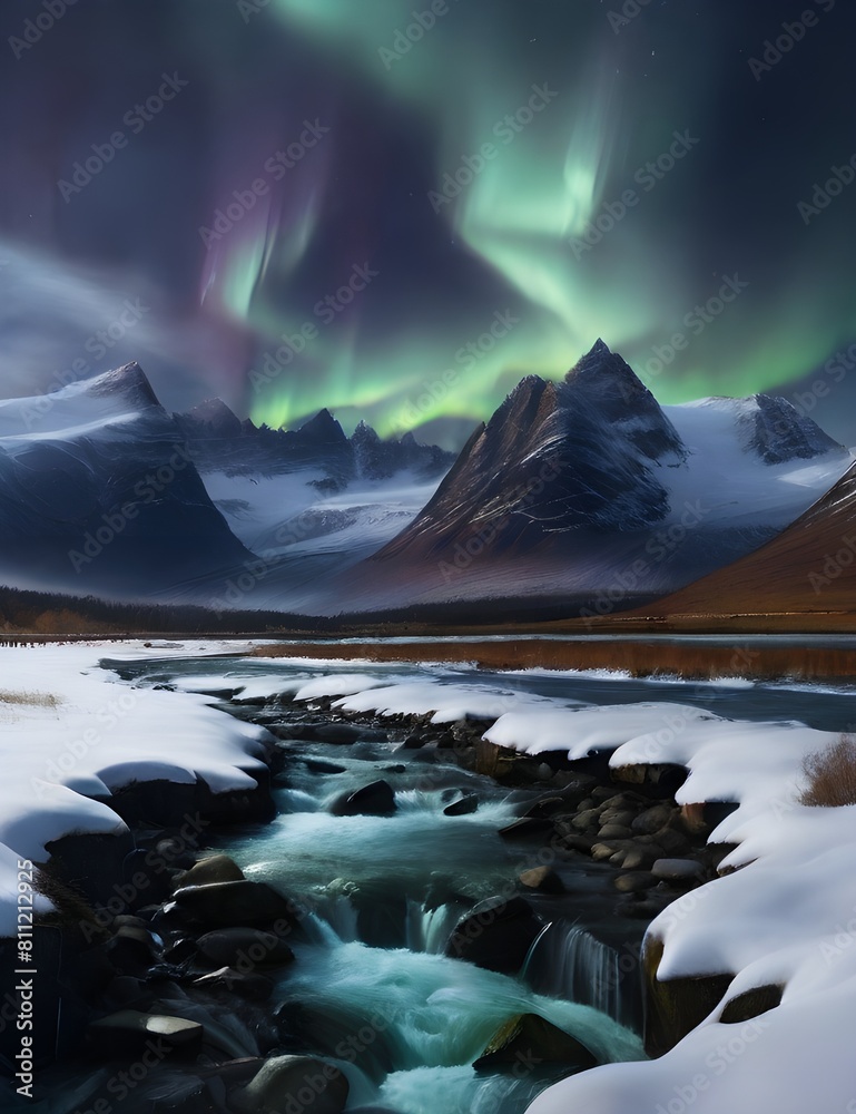 Naklejka premium Northern Lights shining in the night sky with snowy mountains and a river in the bottom ground