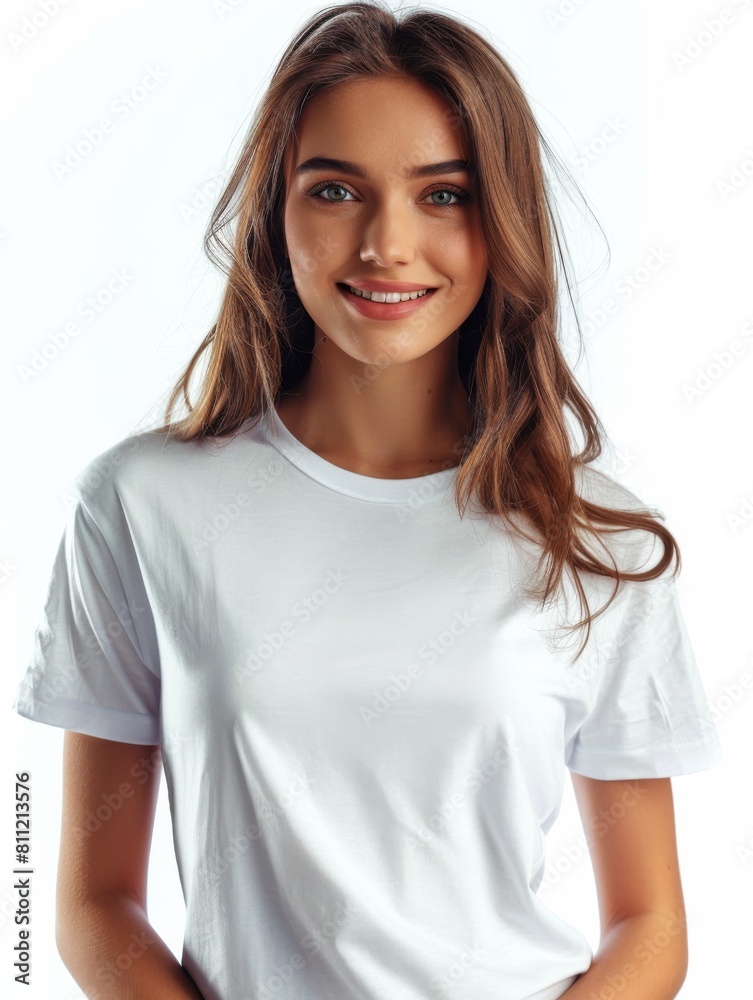 Woman wearing white tshirt mockup created with generative AI Woman wearing white tshirt mockup created with generative AI