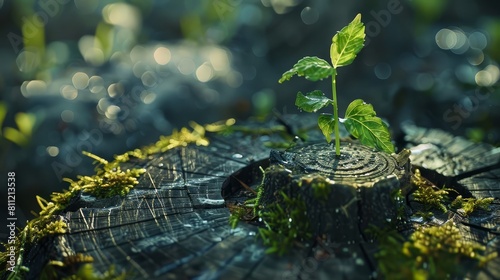 Close-up  cinematic portrayal of a young sapling emerging from a weathered tree stump  showcasing the intense detail and resilience of nature