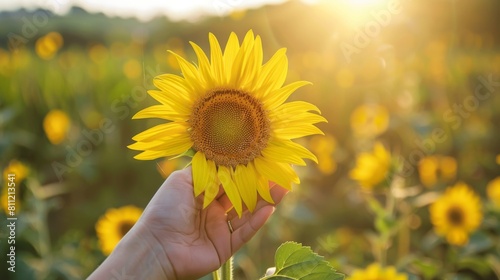 A person holding a sunflower in a field  basking in its golden glow  celebrating the beauty and warmth of sunflower season.