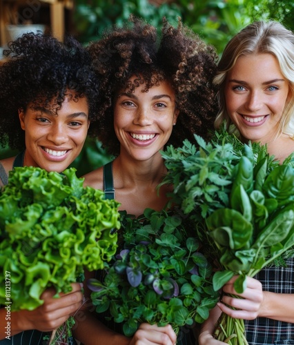 Group of young woman posing with bouquet of fresh vegetables and greens