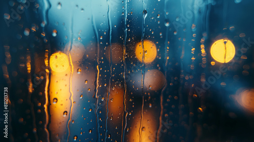 A close-up shot of raindrops trickling down a windowpane, with the soft glow of streetlights reflecting off the glass. Dynamic and dramatic composition, with copy space