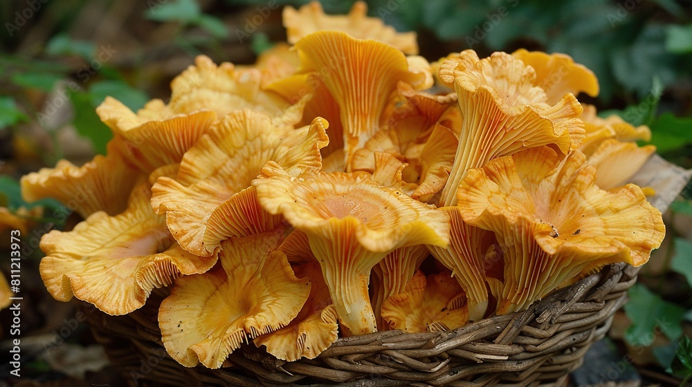 A yellow-mushroom-filled basket atop a leafy forest floor, beside a pile of leaves A yellow-mushroom-filled basket atop a leafy forest floor, beside a pile of leaves