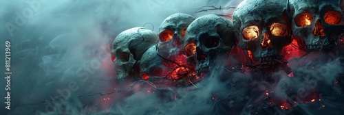 Gold and Crimson Neon Skulls Piled in a Gothic Aesthetic Heap photo