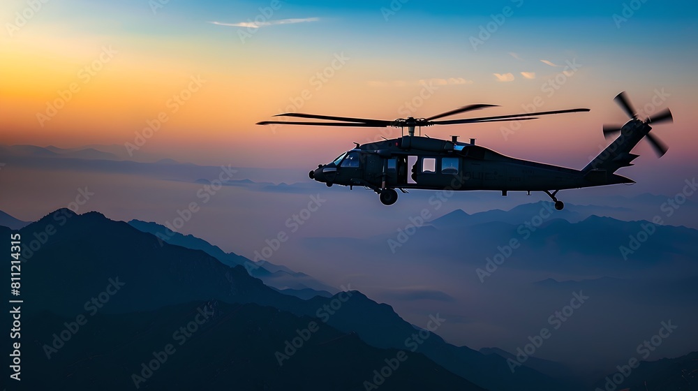 Silhouette of a military helicopter flying at dusk over mountainous terrain. Serene skies with soft light. Captivating aviation photograph. AI