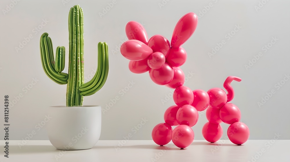 Pink balloon animal beside a green cactus in pot on white background, playful home decor. Creative and fun design elements displayed. Cheerful, quirky and imaginative setting. AI Pink balloon animal beside a green cactus in pot on white background, playful home decor. Creative and fun design elements displayed. Cheerful, quirky and imaginative setting. AI