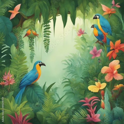 Illustrate a lush jungle scene using tiny ferns  vines  and tropical flowers  arranged to form a dense canopy  exotic animals  and colorful birds in their natural habitat
