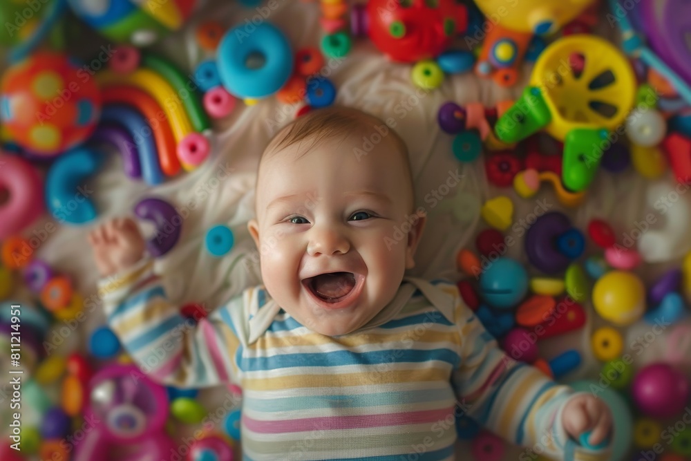 A baby lies giggling on top of a pile of colorful toys, A giggling baby surrounded by colorful toys scattered on the floor A baby lies giggling on top of a pile of colorful toys, A giggling baby surrounded by colorful toys scattered on the floor