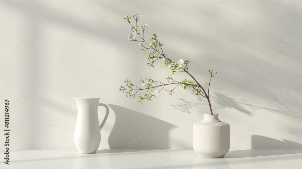 Eco-conscious decor, mug and vase with blooms on white, minimalist ethos, clean and airy, AI Generative hyper realistic Eco-conscious decor, mug and vase with blooms on white, minimalist ethos, clean and airy, AI Generative hyper realistic