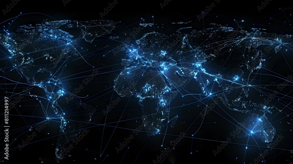 Digital concept of global network and data exchange. Visualization of worldwide connectivity and information flow. Representation of the internet's global reach. AI