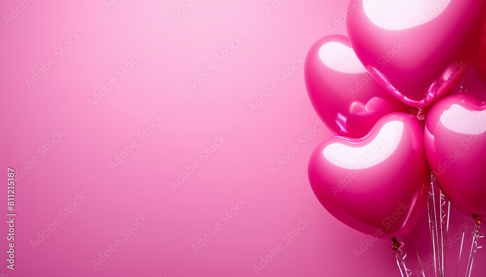 Glossy pink heart-shaped balloons on a vibrant pink background, symbolizing love and celebration Glossy pink heart-shaped balloons on a vibrant pink background, symbolizing love and celebration