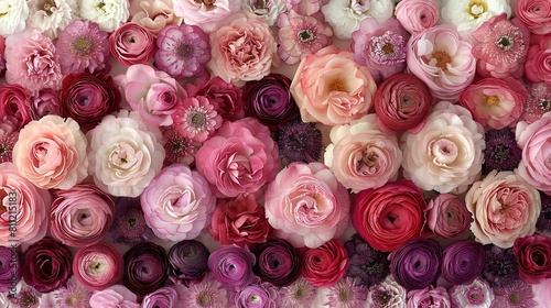   A close-up of vibrant pink and purple flowers adorning a wall  captured from the side