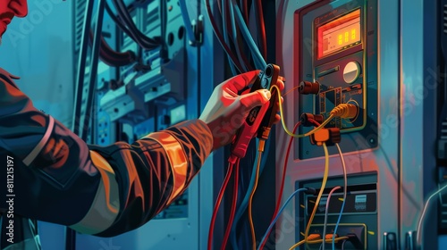 Electricity and electrical maintenance service, Engineer hand holding AC voltmeter checking electric current voltage. hyper realistic  photo