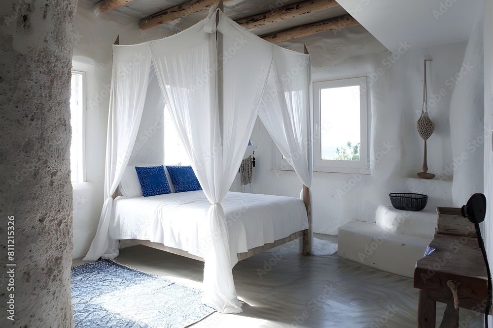 white bedroom with canopy bed, concrete floor and walls, blue accents, in the style modern day design white bedroom with canopy bed, concrete floor and walls, blue accents, in the style modern day design