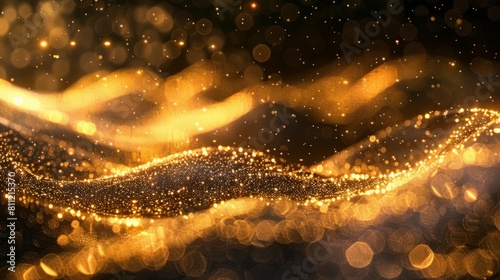 Ethereal gold dust waves, digital particles create a stellar landscape, glowing abstract background, stars shimmer in orchestrated light, AI Generative hyper realistic  photo