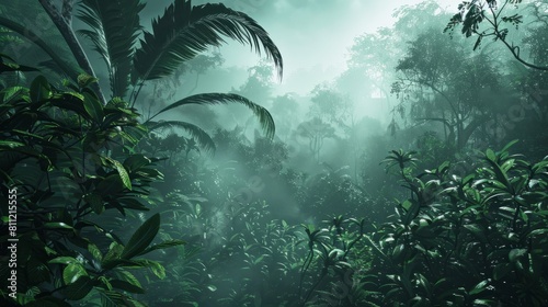 Exotic foggy forest. Jungle panorama  forest oasis. Foggy dark forest. Natural forest landscape. 3D illustration. hyper realistic 