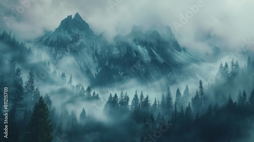 Fantasy landscape with mountains and forest in fog. Digital painting. created with generative AI technology. hyper realistic  photo