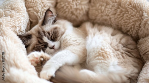 A plump Ragdoll cat curled up in a fluffy bed, its chubby face and paws tucked in snugly, showcasing the adorable appeal of chubby naps.