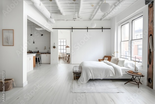 white minimalist modern boho studio with sliding barn doors