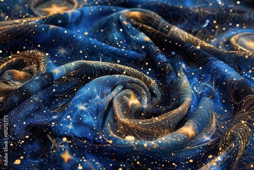 Blue fabric adorned with shimmering gold stars creating a galaxy-like pattern, A glittering galaxy of stars and swirls