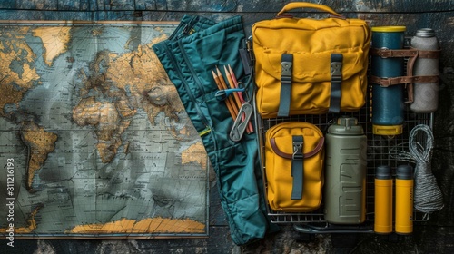A shopping cart packed with colorful travel accessories and luggage, isolated on a world map background, symbolizing adventure and exploration.
