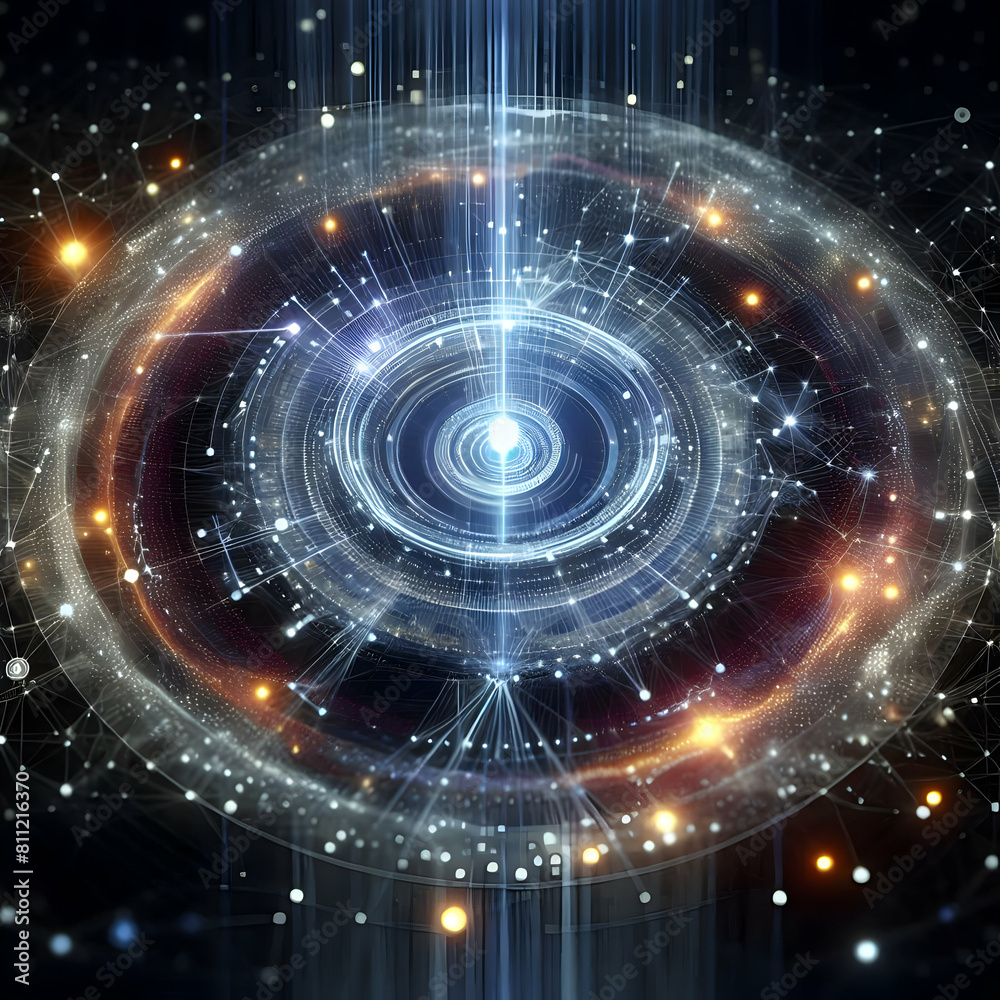 Obraz premium Hyper realistic Space Encryption Concept Encrypted messages hidden within the patterns of stars with,Hyper realistic Cosmic Code Concept Programming code overlaying a deep space image with digital ba