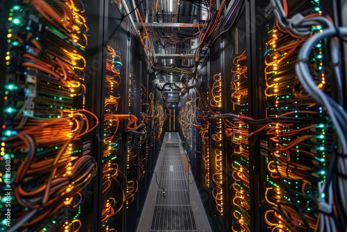 data center with servers on racks, colorful cables hooked on server PC