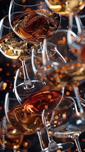 A close up of many wine glasses filled with different colored liquids