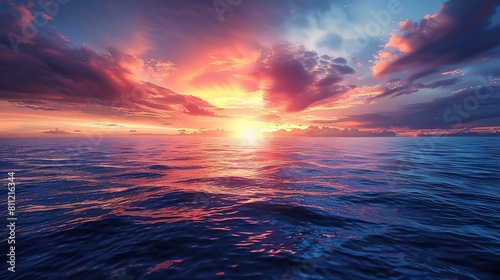 Orange sky bleeds into the ocean as the sun dips below the horizon in a beautiful summer evening © INK ART BACKGROUND